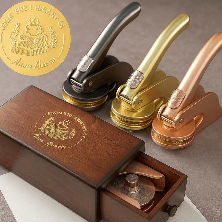 Premium Box for Embosser - Wooden Embosser Storage Box with drawer organizer, shown with gold, black, and copper embossing stamps.