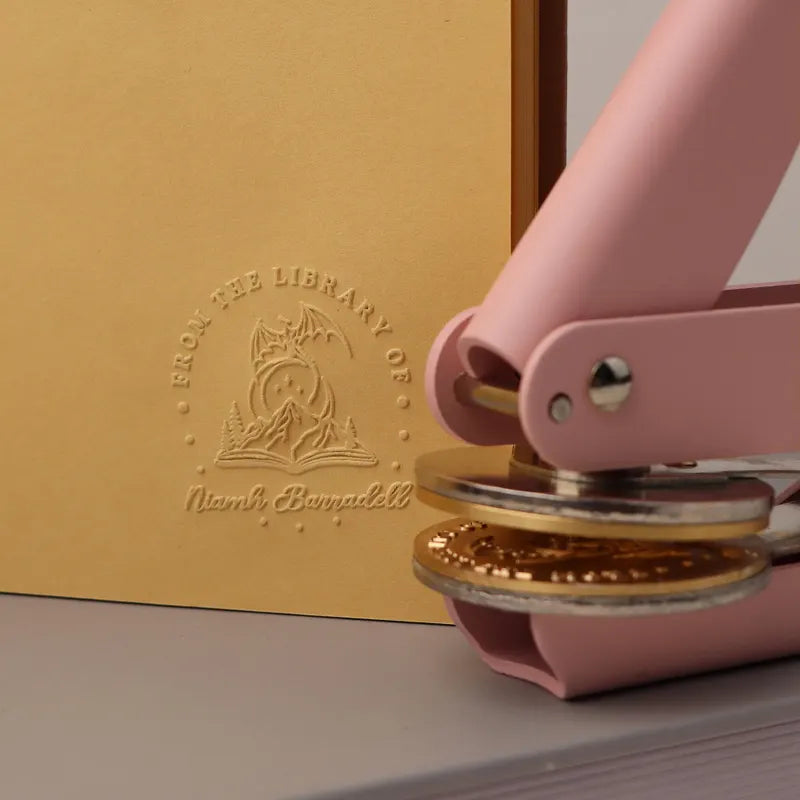 Custom embosser set with handle and personalized clip – ideal for books, weddings, and branding