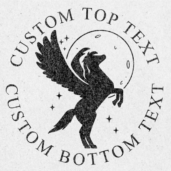 Black silhouette of a winged creature with customizable text around it on a light gray background