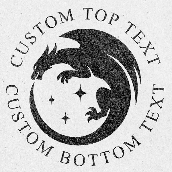 Black and white circular design with dragons and customizable text on a light gray background