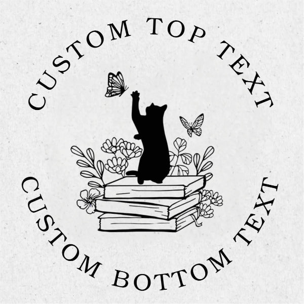 Design template with a cat on books, butterflies, and flowers with customizable text.