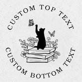 Design template with a cat on books, butterflies, and flowers with customizable text.
