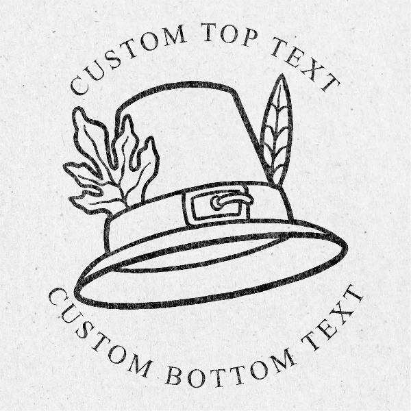 Fall Book Embosser Stamp with a Sketch of a hat surrounded by custom top and bottom text for personalization or branding.
