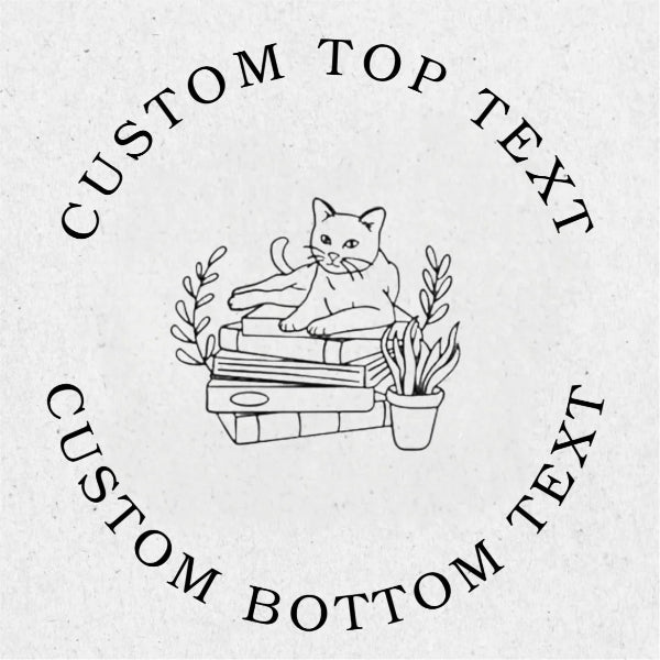 Circular design with a cat on books and plants, surrounded by customizable text.