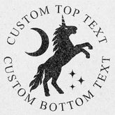 Silhouette of a unicorn with customizable text around it on a light background