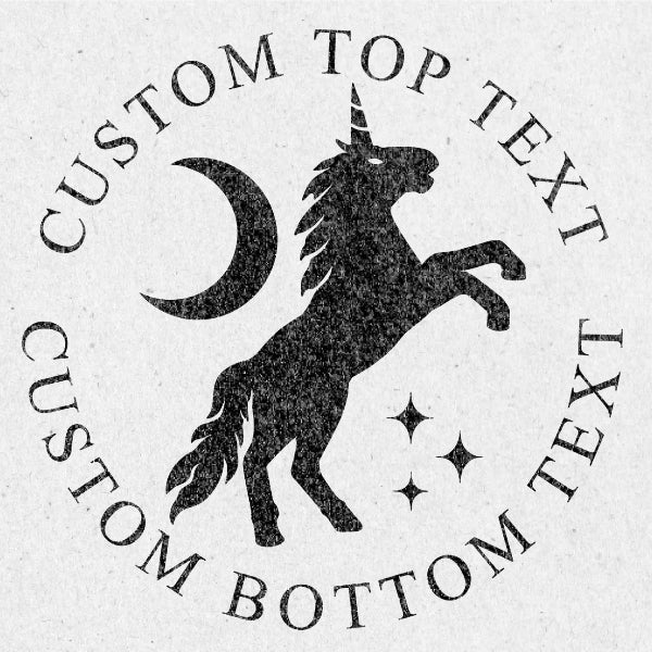 Silhouette of a unicorn with customizable text around it on a light background