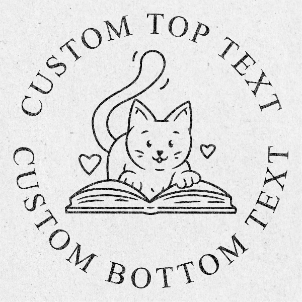 Design of a cat reading a book on a light gray background custom embosser