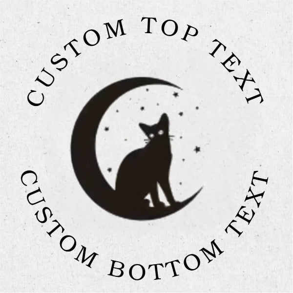 Black silhouette of a cat on a crescent moon with customizable text above and below, on a light gray background.