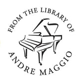 Stylized stamp design with a grand piano and text &