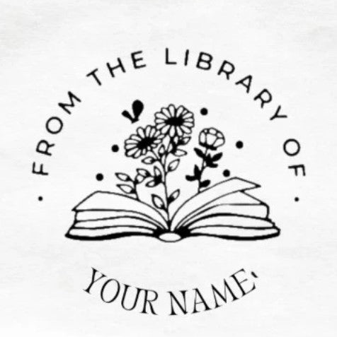 Custom book embosser design by ChicCraft featuring floral illustration over an open book with 'From the Library of Your Name' text. Ideal for book lovers.