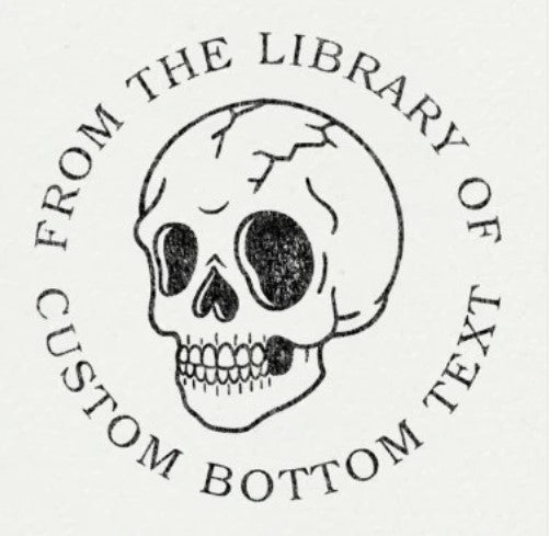 Custom book embosser by ChicCraft featuring a cracked skull design with 'From the Library of' and customizable bottom text. Ideal for book lovers.