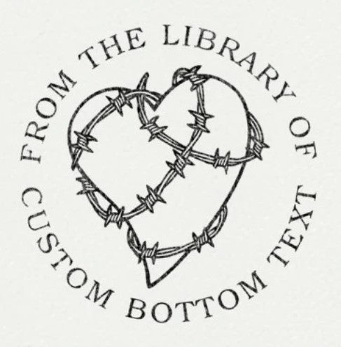 Custom book embosser by ChicCraft featuring a barbed wire heart design with 'From the Library Of' and customizable text. Ideal for book lovers.