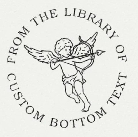 Custom Book Embosser by ChicCraft featuring a winged cherub with bow and arrow, surrounded by personalized text for book lovers and libraries.
