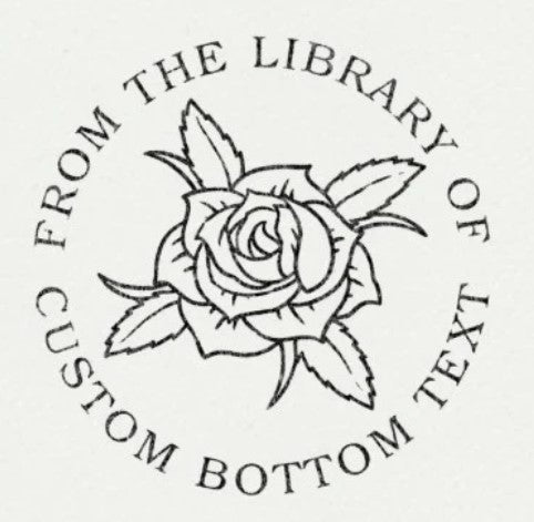 Custom Book Embosser by ChicCraft featuring a rose design with 'From the Library Of' and customizable bottom text. Ideal for personalizing book pages.