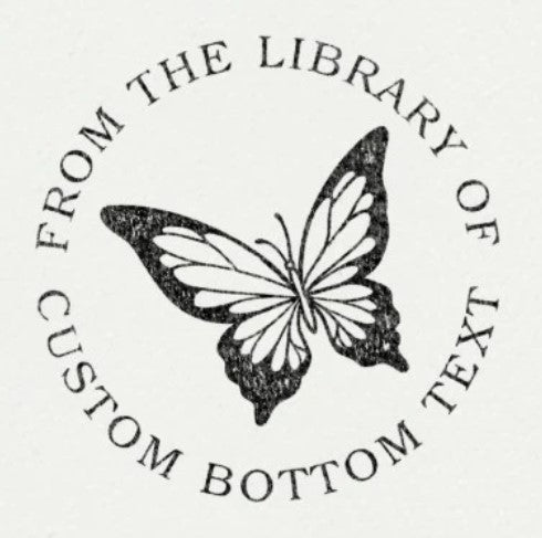 Custom book embosser stamp by ChicCraft featuring a detailed butterfly design with 'From the Library Of' and customizable bottom text. Ideal for book lovers.
