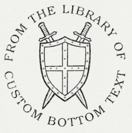 Custom Book Embosser | Personalized Seal Stamp – ChicCraft featuring a medieval shield with crossed swords and customizable text for book lovers.