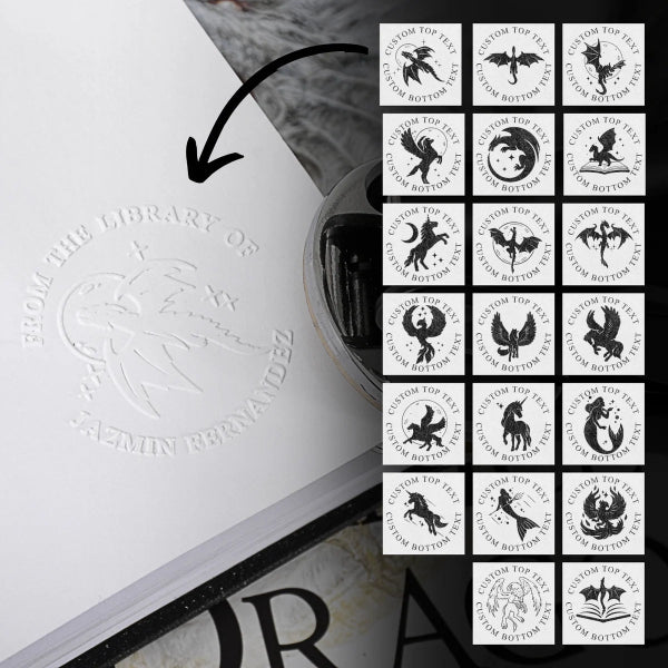 Custom Mythology Book Embosser featuring ancient Greek and Roman motifs, perfect for personalizing book collections with a classic, timeless imprint.