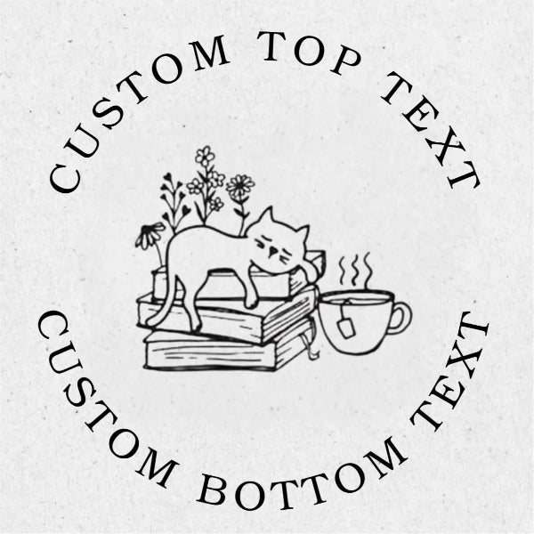 Decorative design with a cat, books, and a teacup surrounded by flowers, with space for custom text.
