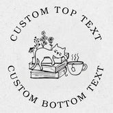 Decorative design with a cat, books, and a teacup surrounded by flowers, with space for custom text.