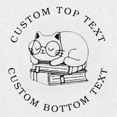 cat with glasses on books surrounded by customizable text on a light gray background custom embosser.