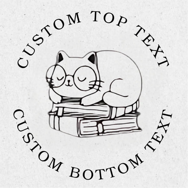 cat with glasses on books surrounded by customizable text on a light gray background custom embosser.