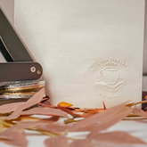 Set including travel case and gold foil stickers with Fall Book Embosser Stamp