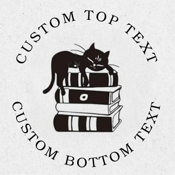 Black cat on books design custom embosser. on a light gray background