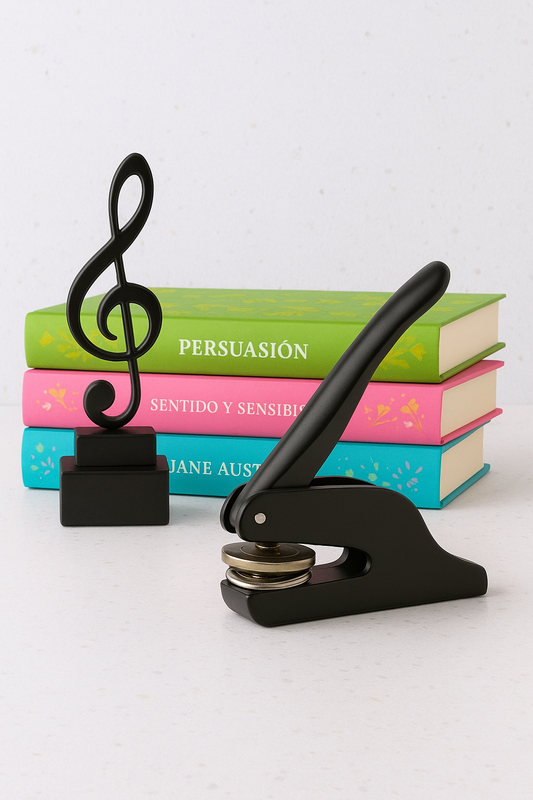 Custom music-themed embossing stamp displayed with colorful books, ideal for musicians and book lovers