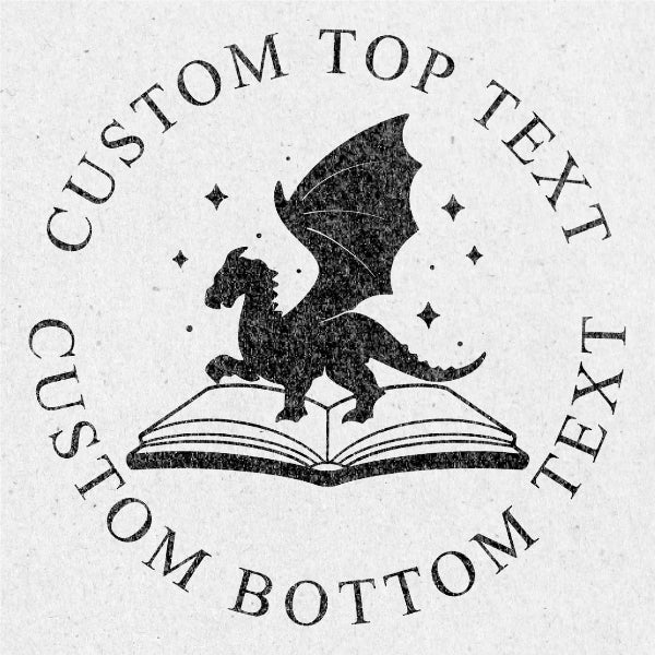 Dragon on an open book with customizable text around it on a light gray background